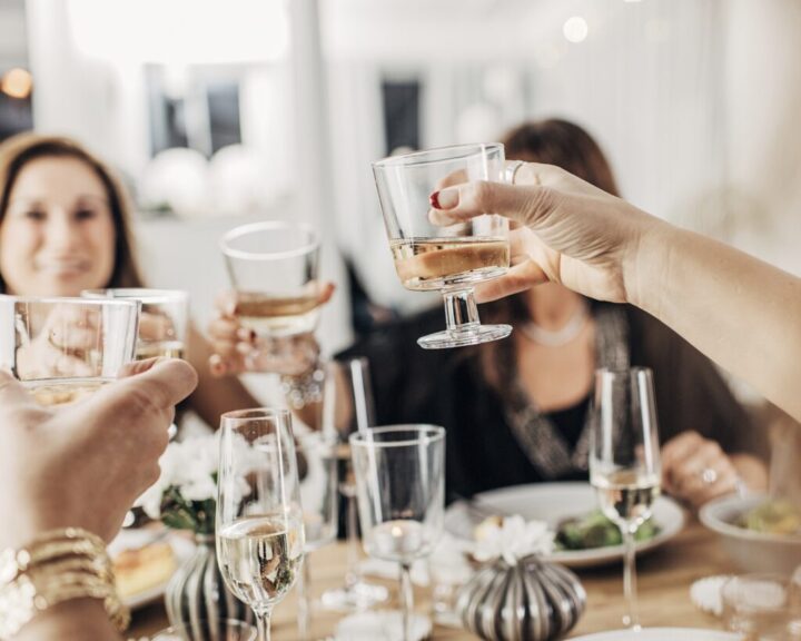 Mature women having dinner party